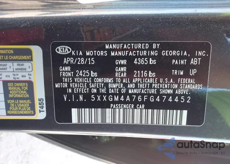 2015 Kia Optima Lx from USA, damaged, VIN 5XXGM4A76FG474452